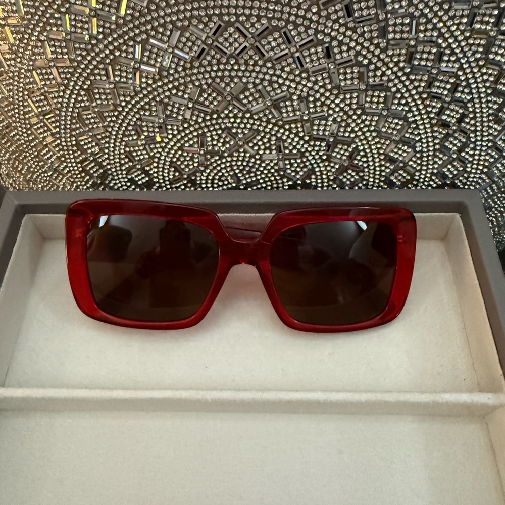 Versace Red Jeweled Square Sunglasses - Picture 4 of 9